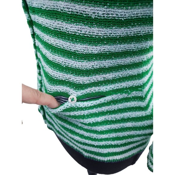 Anthropologie HWR Green White Striped Puff Sleeve Navy Blue Tie Neck Cardigan XS - Picture 5 of 11